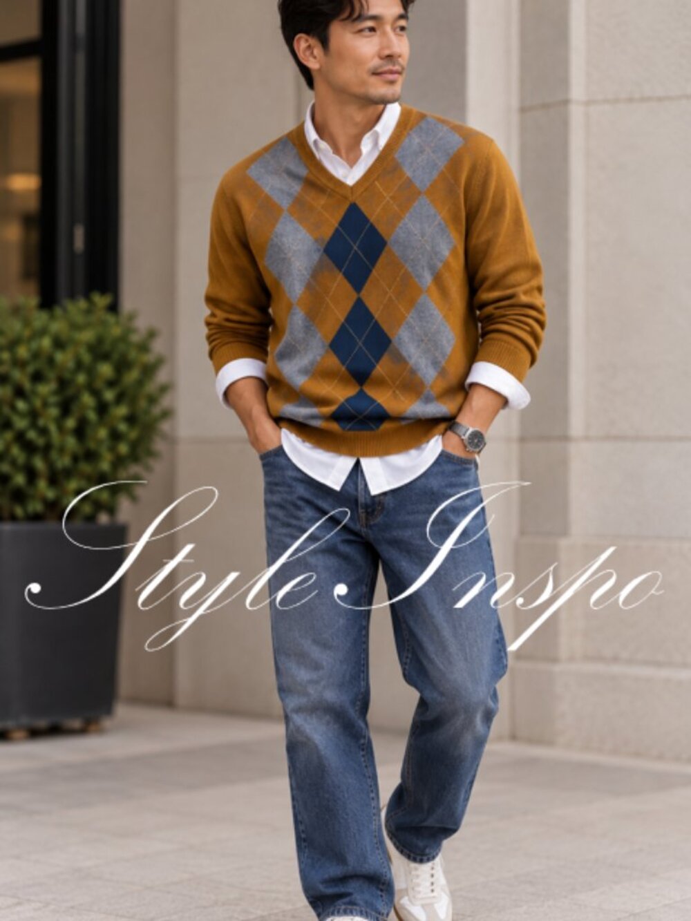 Old Navy Argyle Cotton V-Neck Sweater – Men’s M / Unisex